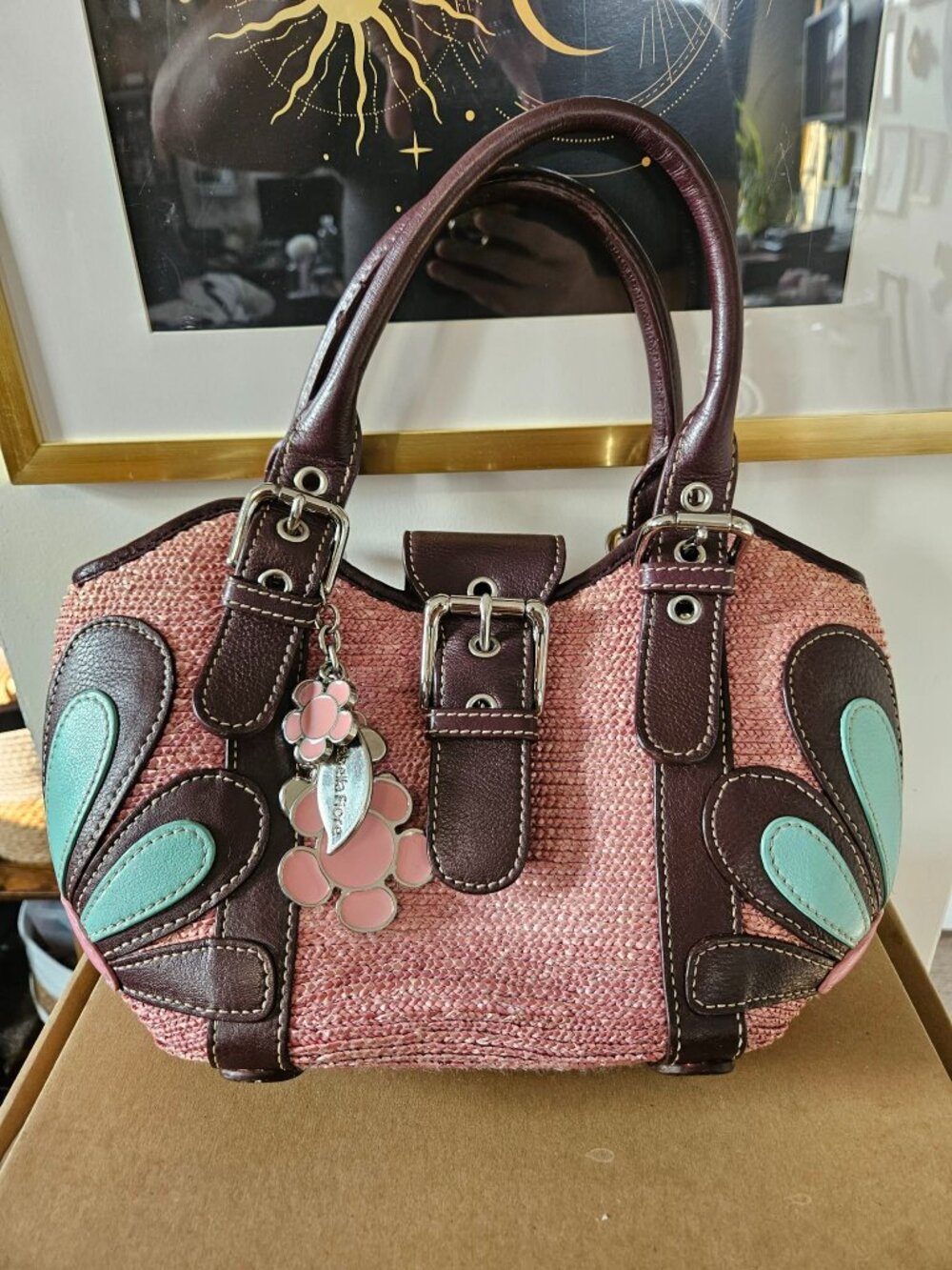Vintage Isabella Fiore Woven Pink Leather Appliqué Satchel w/ Charm